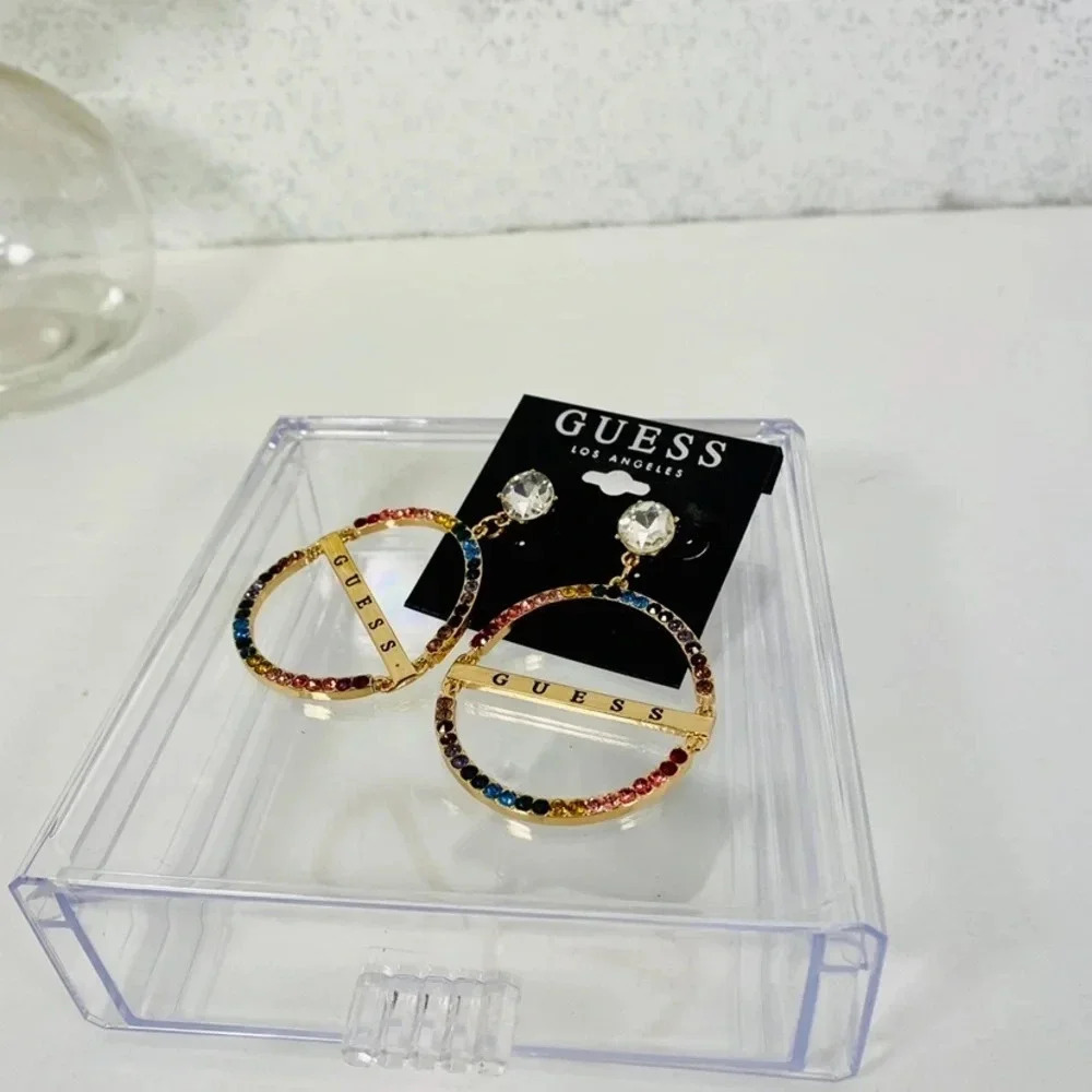 🆕 Guess Rainbow Crystal Dangle Earrings with Logo - Picture 3 of 5
